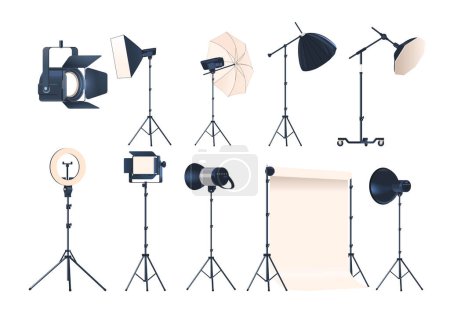 Illustration for Photo Studio Equipment Isolated Set. Tripods, Lights, Softboxes, Leds, Backdrops, Reflectors, Diffusers, Catering To Capturing And Refining Professional-grade Photographs. Cartoon Vector Illustration - Royalty Free Image