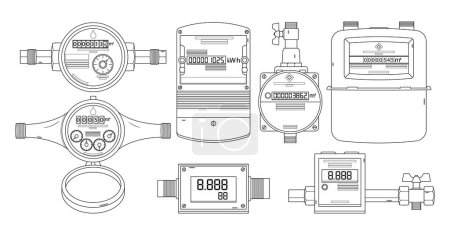 Illustration for Vector Set Of Minimalist Outline Icons Representing Communal Services Meters, Including Water, Gas, Electricity, And Heat Meters. Isolated Monochrome Linear Design Elements, Household Items Collection - Royalty Free Image