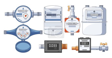 Illustration for Vector Set Communal Services Meters Measure Collective Consumption Of Utilities Like Water, Gas, Or Electricity In Shared Residential Or Commercial Buildings, Facilitating Equitable Cost Distribution - Royalty Free Image