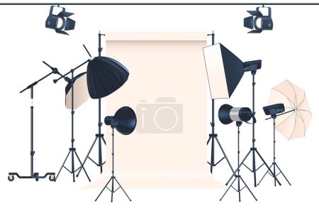 Illustration for Photo Studio Light Equipment Includes Key Lights, Fill Lights, Backlights, Softbox, Umbrella, Light Stand, Backdrop And Reflector To Control And Shape Photography Light. Cartoon Vector Illustration - Royalty Free Image