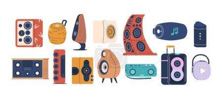 Illustration for Loudspeakers, Dynamics, Audio Equipment, Amplify Sound For Music And Parties. They Blend Modern Design, Technology And Acoustics, Deliver Powerful Sound. Isolated Vector Set of Portable Speaker Boxes - Royalty Free Image