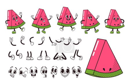 Illustration for Cartoon Fruit Watermelon Slice Character Construction Kit. Isolated Vector Set Of Retro Groovy Hippie Personage Facial Emotions, Body Parts, Hands, Arms And Faces Smile, Wink Eye, Whistle and Fun - Royalty Free Image
