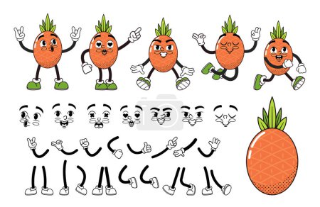 Ilustración de Juego de construcción de personajes de frutas tropicales de piña de dibujos animados. Conjunto de Vectores Aislados de Retro Groovy Hippie Personage Whistle, Smile, Meditate or Walk. Emociones faciales, partes del cuerpo, manos, pies y caras - Imagen libre de derechos