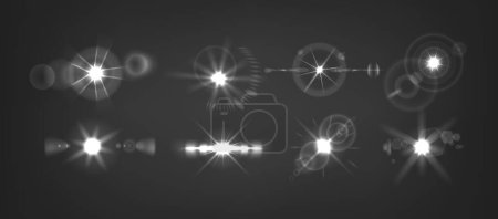 Ilustración de Intenso resplandor en resplandor celestial realista 3d vector monocromo conjunto. Lente brillante, explosión de un amanecer, luz estelar, o haz de energía, que se asemeja a una explosión cósmica. Luz blanca con halo - Imagen libre de derechos