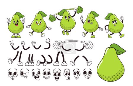 Illustration for Green Pear Fruit Cartoon Groovy Character Construction Kit. Isolated Vector Set Of Retro Hippie Personage Facial Emotions, Body Parts, Hands, Legs And Faces. Sportsman with Barbell, Smile, Wink Eye - Royalty Free Image