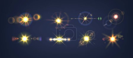 Illustration for Vector Set of Radiant Burst Of Sunlight Flares, Vibrant Glare And Shimmering Beams. Lens Flare Effect Illuminates With Glowing Energy. Dazzling, Glittering Starlight And Vibrant, Shiny Explosion - Royalty Free Image
