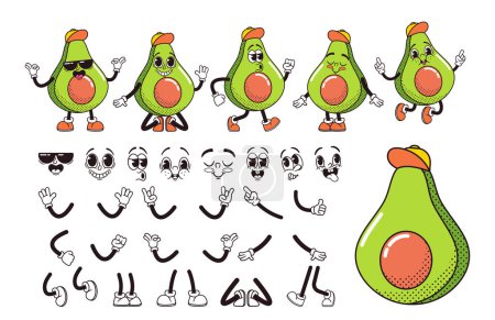 Illustration for Cartoon Avocado Half Fruit Character Construction Kit. Isolated Vector Personage Generation Creation Set. Retro Groovy Hippie Facial Emotions, Body Parts, Hand Gestures, Legs And Faces of Cute Avocado - Royalty Free Image