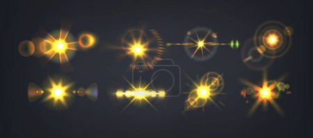 Illustration for Radiant 3d Vector Set of Yellow Glare And Glowing Beams and Energy Burst. Lens Refraction, Light Effect Of A Sunrise, Starlight Explosion, And Radiant Flares, Embodying The Essence Of Luminosity - Royalty Free Image