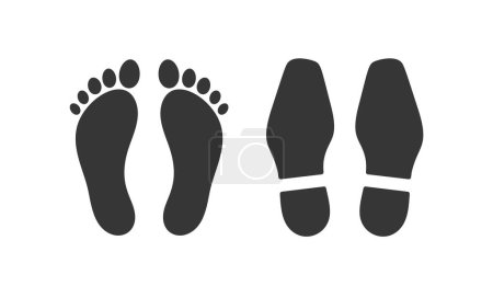 Téléchargez les illustrations : Empreintes de pieds noires isolées vectorielles de semelles de chaussures et empreintes de pieds nus avec doigts. Marches humaines, silhouettes de sentiers. Empreinte des chaussures, marches des jambes, marques de démarrage, icônes ou signes sur fond blanc - en licence libre de droit