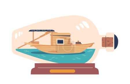 Miniatur-Vektor-Schiff oder Holzboot in Glasflasche demonstrieren akribische Handwerkskunst, kompliziertes Kleinmodell, das zart durch den schmalen Hals eingeführt wird und maritime Kunst hervorhebt