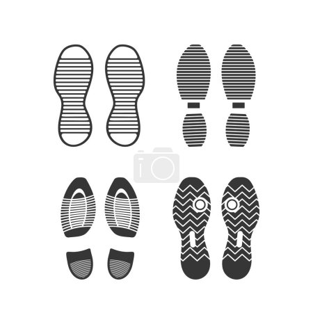 Téléchargez les illustrations : Ensemble vectoriel doté de silhouettes noires de chaussures, de baskets et de semelles de bottes. Empreintes de pieds humains, étapes isolées et sentiers pour représenter des séquences de marche ou de pas dans les chaussures - en licence libre de droit