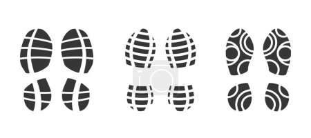 Téléchargez les illustrations : Silhouettes vectorielles noires dotées de semelles de chaussures diverses, de bottes, de baskets ou de chaussures de sport. Étapes humaines, empreintes de pieds isolées, sentiers pédestres, empreintes de chaussures et marques de bottes Collection - en licence libre de droit