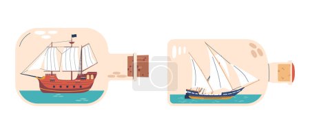Illustration for Miniature Vector Ships Inside Bottles. Intricate, Detailed Models Carefully Constructed And Ingeniously Inserted Into Glass Jars, Showcasing Maritime Art, Craftsmanship, Nautical Skill And Patience - Royalty Free Image
