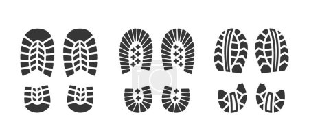 Ilustración de Vector negro siluetas de zapatos y botas suelas impresiones, incluyendo huellas de pies humanos, marcas de pie, patrones de zapatos. Pasos y senderos aislados. Diversos estilos de calzado para caminar y caminar - Imagen libre de derechos