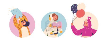 Isolated Vector Round Icons Or Avatars With Cartoon Kids Characters in Cute Sleepwear For Pajama Party. Little Boys and Girls Carnival Clothes Ready for Fun, Pillow Fight and Bedtime Adventures