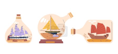 Téléchargez les illustrations : Modèles de navires miniatures à l'intérieur de bouteilles en verre. Navires nautiques complexes minutieusement conçus et assemblés à travers le col étroit de la bouteille, présentant des répliques maritimes détaillées dans un espace confiné - en licence libre de droit