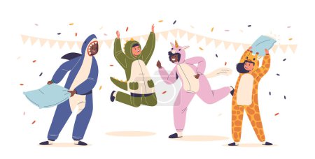 Kids Pajamas Party. Smiling Boys And Girls In Kigurumi Unicorn, Shark, Dinosaur And Giraffe Animal Overalls. Friends Fight on Pillows, Rejoice and Jump with Flying Confetti and Garlands around, Vector