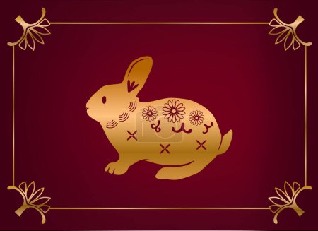 Illustration for Rabbit Chinese Horoscope Symbol Of Longevity, Peace And Prosperity In Oriental Zodiac, Marks A Year Of Hope, Elegance And Quiet Progress. Vector Illustration of Golden Bunny on Red Background - Royalty Free Image