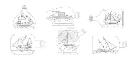 Miniature Ships Inside Bottles Outline Icons Vector Set. Intricately Detailed Vessels Encased In Transparent Glass Containers, Symbolizing Nautical Craftsmanship And Maritime Wonder In Compact Form