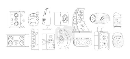 Illustration for Set Of Modern Loudspeakers Outline Vector Icons Set. Sleek, Minimalist Designs Showcasing Various Speaker Types, Portable, Smart, Floor-standing And Subwoofer, Depicted With Clean, Simple Lines - Royalty Free Image