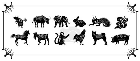 Ilustración de Conjunto de siluetas vectoriales negras de animales de año nuevo chinos. Ciclo del Zodíaco de Rata, Buey, Tigre, Conejo y Dragón, Serpiente o Caballo, Cabra, Mono, Gallo, Perro y Cerdo. Cada uno firma diferentes rasgos y años - Imagen libre de derechos