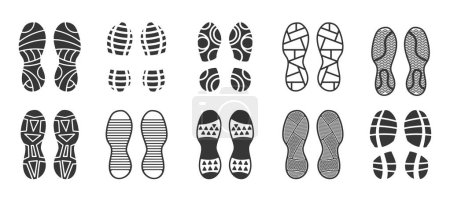 Ilustración de Set de estampados vectoriales con suelas de zapato, huellas siluetas negras, incluye pie, zapato, bota, zapatillas. Piernas humanas aisladas Impresiones, pasos, senderos y caminar Signos o iconos monocromáticos - Imagen libre de derechos