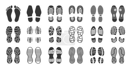 Vector Set Featuring Black Silhouettes Of Various Shoe Soles Prints, Including Boots, Sneakers And Foot Imprints, Depicting Human Steps, Trails And Walks, Isolated Monochrome Icons on White Background