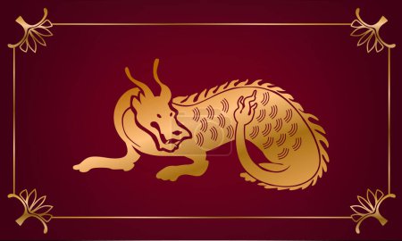 Ilustración de Dragon Is A Powerful And Auspicious Chinese Lunar New Year Animal, Representing Strength, Good Fortune And Success. Quinto signo de horóscopo en el zodíaco chino. Dragón vectorial dorado sobre fondo rojo - Imagen libre de derechos