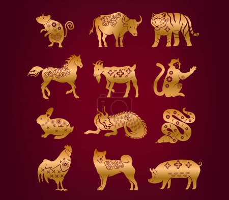 Illustration for Chinese Zodiac Consists Of 12 Animals, Each Representing A Year In A 12-year Cycle. Golden Vector Rat, Ox, Tiger, Rabbit, Dragon, Snake, Horse, Goat, Monkey, Rooster, Dog, And Pig on Red Background - Royalty Free Image