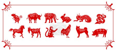 Ilustración de Red Chinese Zodiac Animals, Each Representing A Year In A 12-year Cycle (en inglés). Rata, Buey, Tigre, Conejo, Dragón, Serpiente o Caballo, Cabra, Mono, Gallo, Perro y Cerdo. Celebraciones de Año Nuevo y signos de horóscopo - Imagen libre de derechos