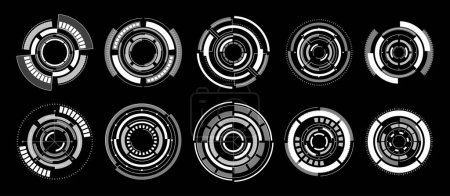 Illustration for Techno Hi-tech Circles Monochrome Vector Collection. Abstract, Modern Design Elements for Techno Games or Apps. Futuristic Technology System Panel. Digital Hud Interface Screen, Future Advancements - Royalty Free Image