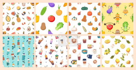 Nahtlose Muster mit Obst, Gemüse und verschiedenen Getränken. Vektor-Fliesen-Hintergründe mit Kürbissen, Zitronen, Wasserflaschen, Tee- oder Kaffeetassen, reizvolle Anordnung von Lebensmitteln, sich wiederholendes Design