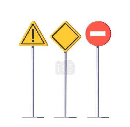 Ilustración de Cartoon Vector Illustration Of Road Signs (en inglés). Símbolos estandarizados colocados junto a carreteras, que ofrecen indicaciones, precauciones y detalles tanto a los conductores como a los caminantes para un viaje seguro y una guía - Imagen libre de derechos