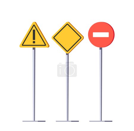 Ilustración de Señales de tráfico, símbolos estandarizados erigidos junto a las carreteras para proporcionar instrucciones, advertencias e información a los conductores y peatones por seguridad y navegación. Ilustración de vectores de dibujos animados - Imagen libre de derechos