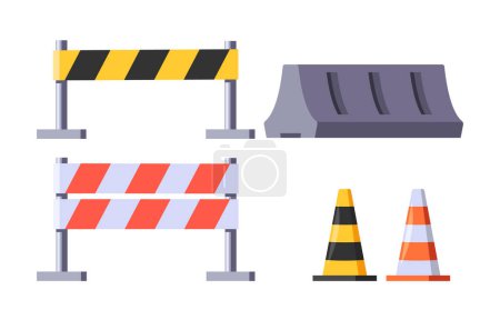 Illustration for Road Construction Equipment Set. Isolated Striped Cones, Warning Barriers For Building Sites, Asphalting And Repair Works Isolated on White Background. Cartoon Vector Illustration - Royalty Free Image