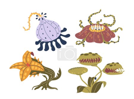 Fleischfressende Pflanzen, einzigartige Organismen, die Insekten und andere kleine Beutetiere aufnehmen und verdauen, um ihre Nährstoffaufnahme durch spezialisierte Fallen oder klebrige Oberflächen zu ergänzen. Zeichentrickvektorillustration