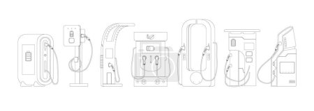 Illustration for Car Charger Station Outline Vector Icons Set. Plug Symbol, Electric Vehicle Silhouette, Charging Cable, Power Outlet. Electric Vehicle Charging Infrastructure Isolated Linear Monochrome Signs - Royalty Free Image