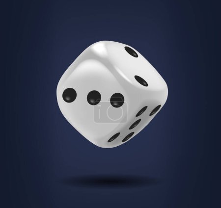 Illustration for White Flying Dice Cube Is A Small, Six-sided Object With Dots Numbering 1 to 6, Each Side Representing A Value For Random Outcomes In Games, Typically Made Of Plastic. Realistic 3d Vector Illustration - Royalty Free Image