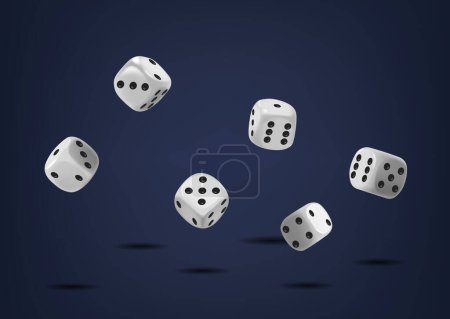Illustration for Flying White Dice Cubes. Small, Six-sided Objects With Dots Numbering From One To Six, Used Primarily In Gaming For Generating Random Numbers. Realistic 3d Vector Falling Craps Illustration - Royalty Free Image