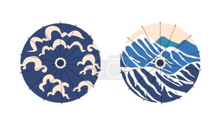Japanese Umbrellas Top View, Circular Canopy With A Beautiful, Pattern Clouds and Mountain Peaks. Isolated Circular Parasols with Intricate, Traditional Japanese Motifs and Solid, Vibrant Colors