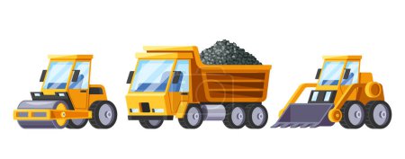 Voitures de construction lourde. Cartoon Vector Tip Truck Hauls et décharge des matériaux comme le gravier. Surfaces de route compactes à rouleaux pour une durabilité accrue. Le bulldozer nettoie et nivelle le terrain, essentiel pour la route.