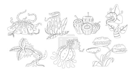 Carnivorous Plants Isolated Outline Vector Icons Set. Fascinating Organisms That Trap And Digest Insects Or Small Animals, Utilizing Specialized Leaves To Supplement Nutrient Intake From Environments