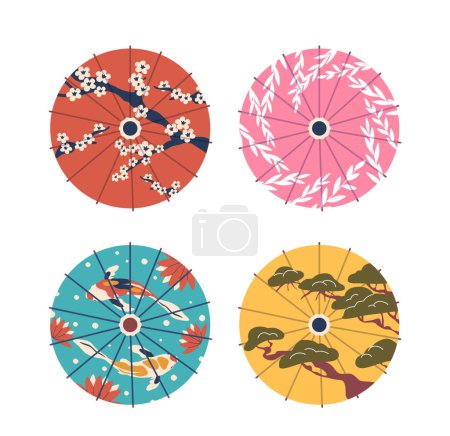 Téléchargez les illustrations : Parapluies japonais élégants, circulaires, ornés de motifs traditionnels, vue sur le dessus. Dessins floraux et naturels asiatiques harmonieux, incorporant la grâce culturelle et la beauté. Illustration vectorielle de bande dessinée - en licence libre de droit
