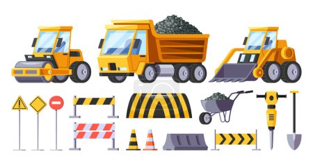 Illustration for Road Construction Equipment Set. Bulldozer, Wheelbarrow And Tip Truck For Earth Moving, Roller For Compaction. Jackhammer, Shovel, Cones and Signs Isolated Collection. Cartoon Vector Illustration - Royalty Free Image
