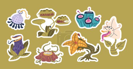 Carnivorous Plants Stickers Set. Wild Organisms That Trap And Digest Insects Or Small Animals, Utilizing Specialized Leaves To Supplement Nutrient Intake From Environments. Cartoon Vector Patches