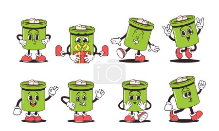Retro Groovy Mug Characters verfügen über lebendige grüne Farben und Marshmallows. Psychedelic Cup Personage verkörpert den Geist der 60er und 70er Jahre und präsentiert skurrile Gesichter, Gesten und Emotionen