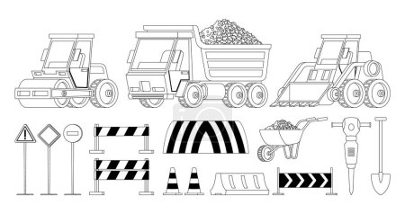 Road Construction Equipment Isolated Outline Vector Icons Set. Bulldozer, Wheelbarrow And Tip Truck For Earth Moving, Roller For Compaction. Jackhammer, Shovel, Cones and Signs Monochrome Collection