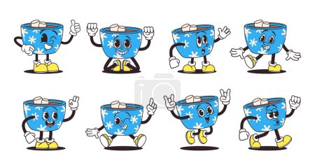 Retro Groovy Cocoa Mug Characters mit Marshmallows Vector Set. Lebendige, skurrile Tasse mit kräftigen Farben und psychedelischen Mustern, die den Geist der 60er und 70er Jahre in einem funky, nostalgischen Stil einfängt