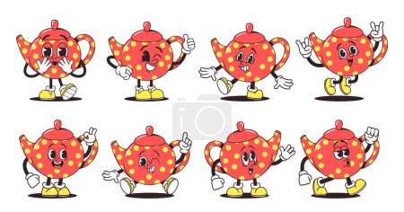 Retro Groovy Teekanne Zeichen Vector Animation Set. Strahlende Persönlichkeiten mit psychedelischen Tupfenmustern, Griffen und Ausläufern, die den funky whimsical Spirit der Konterkultur der 60er und 70er Jahre widerspiegeln