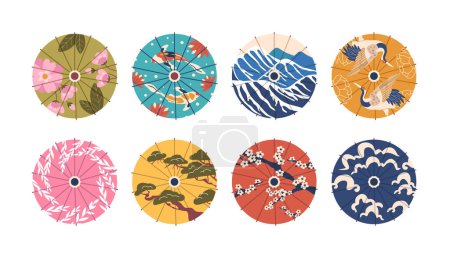 Téléchargez les illustrations : Parapluies japonais vue du dessus. Papier asiatique traditionnel Japon ou Parasol chinois avec beau motif de fleurs de cerisier, nuages, sommets montagneux, oiseaux de grue et Sakura ensemble vectoriel isolé - en licence libre de droit